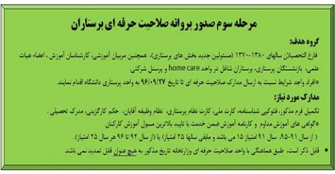 مرحله سوم صدور پروانه صلاحیت حرفه ایی پرستاران