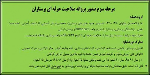 مرحله سوم صدور پروانه صلاحیت حرفه ایی پرستاران