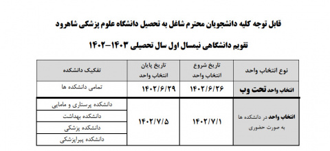 تقویم دانشگاهی نیمسال اول سال تحصیلی ۱۴۰۳-۱۴۰۲
