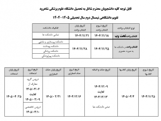 تقویم دانشگاهی نیمسال دوم سال تحصیلی ۱۴۰۵-۱۴۰۴